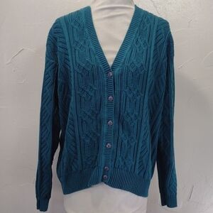 Vintage Teal Cable Knit Cotton V-neck Cardigan Sweater Women's Large